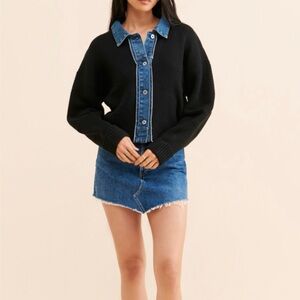 Navy and denim cardigan sweater.